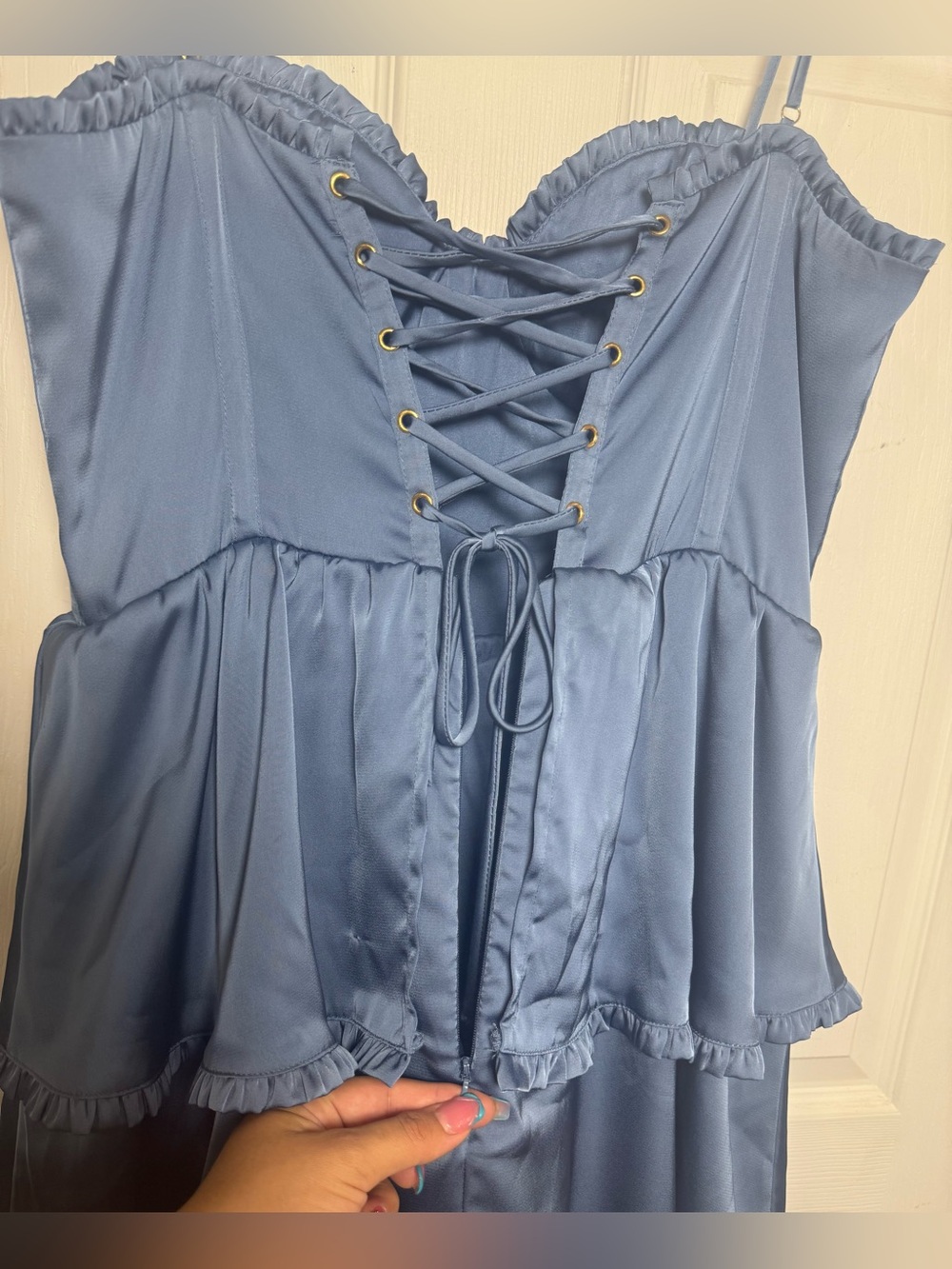 Altar'd State Stellni Satin Maxi Dress Tiered Ruffle Skirt Corset Bodice in Blue - Picture 15 of 16